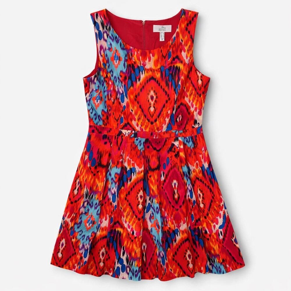 Belle Badgley Mischka Dress 14 Fits 12 Red Ikat Fit Flare Sleeveless Chic